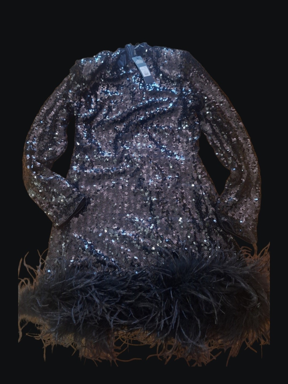 Fashion Nova Black Sequin Feather-Trim Mini Coat